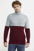 Çift Renk Tam Balıkçı Triko Kazak - Bordo thumbnail 2
