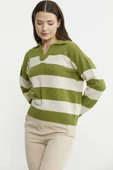 Açık Polo Yaka Çizgili Yünlü Triko Kazak - Yeşil thumbnail 5