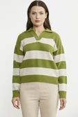 Açık Polo Yaka Çizgili Yünlü Triko Kazak - Yeşil thumbnail 1
