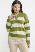 Açık Polo Yaka Çizgili Yünlü Triko Kazak - Yeşil thumbnail 3