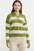 Açık Polo Yaka Çizgili Yünlü Triko Kazak - Yeşil thumbnail 2