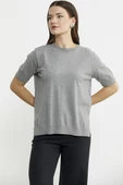 Sıfır Yaka Kısa Kol Triko Kazak - Açık Gri thumbnail 2