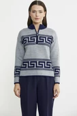 Blok Desenli Dik Yaka Triko Kazak - Gri thumbnail 2