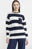 Cep Detaylı Çizgili Yünlü Triko Kazak - Kemik thumbnail 1
