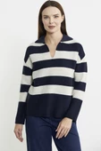 Açık Polo Yaka Çizgili Yünlü Triko Kazak - Lacivert thumbnail 1