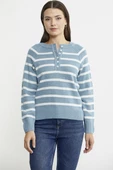 Yaka Düğmeli Çizgili Yünlü Triko Kazak - Mavi thumbnail 1