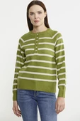 Yaka Düğmeli Çizgili Yünlü Triko Kazak - Yeşil thumbnail 2
