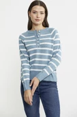 Yaka Düğmeli Çizgili Yünlü Triko Kazak - Mavi thumbnail 5
