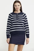 Yaka Düğmeli Çizgili Yünlü Triko Kazak - Lacivert thumbnail 2