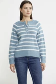 Yaka Düğmeli Çizgili Yünlü Triko Kazak - Mavi thumbnail 2