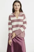 Açık Polo Yaka Çizgili Yünlü Triko Kazak - Gül thumbnail 3
