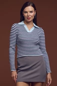 Polo Yaka Çizgili Viskon Triko Kazak - Mavi thumbnail 1
