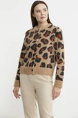 Leopar Desenli Sakallı Triko Hırka - Bej thumbnail 4