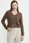 Kırçıllı Yaka Detaylı Yünlü Triko Hırka - Kahve thumbnail 1