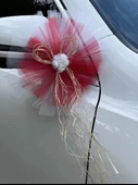 10 Adet Beyaz Kırmızı Kristal Tül Beyaz Latex Gül Doğal Rafya Detaylı Düğün Nikah Kına Sünnet Konvoy Süsü - 3