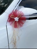 10 Adet Beyaz Kırmızı Kristal Tül Beyaz Latex Gül Doğal Rafya Detaylı Düğün Nikah Kına Sünnet Konvoy Süsü - 5