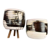 Bitki Tasarımı Yeşil Sırlı Terrakota Toprak Saksı Saksılık Salon Çiçeklik İkili Set Ayaksız - 3 Ayaklı- 19 CM - 1