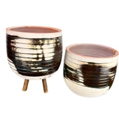 Bitki Tasarımı Yeşil Sırlı Terrakota Toprak Saksı Saksılık Salon Çiçeklik İkili Set Ayaksız - 3 Ayaklı- 19 CM - 3