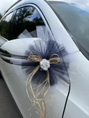 10 Adet Beyaz Siyah Kristal Tül Beyaz Latex Gül Doğal Rafya Detaylı Düğün Nikah Kına Sünnet Konvoy Süsü thumbnail 3