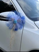 10 Adet Mavi Beyaz Kristal Tül Mavi Latex Gül Doğal Rafya Detaylı Düğün Nikah Kına Sünnet Konvoy Süsü - 1