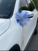 10 Adet Mavi Beyaz Kristal Tül Mavi Latex Gül Doğal Rafya Detaylı Düğün Nikah Kına Sünnet Konvoy Süsü - 2
