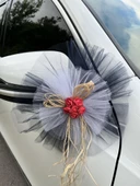 10 Adet Siyah Beyaz Kristal Tül Kırmızı Latex Gül Doğal Rafya Detaylı Düğün Nikah Kına Sünnet Konvoy Süsü thumbnail 3