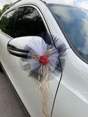 10 Adet Siyah Beyaz Kristal Tül Kırmızı Latex Gül Doğal Rafya Detaylı Düğün Nikah Kına Sünnet Konvoy Süsü thumbnail 1