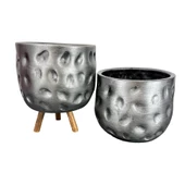 Bitki Tasarımı  Gümüş Desenli Toprak Saksı Saksılık Salon Çiçeklik İkili Set Ayaksız - 3 Ayaklı- 19 CM - 3