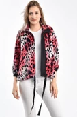 Eteği Bağlamalı Leopar Desenli Pembe Kadın Peluş Mont - 2