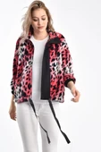 Eteği Bağlamalı Leopar Desenli Pembe Kadın Peluş Mont - 1