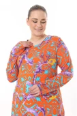 Melsay Butik Turuncu Retro Desen Uzun Kollu Kadın Elbise - 4