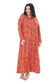 Melsay Butik Turuncu İnce Mercan Desen Uzun Kollu Kadın Elbise - 4
