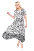 Melsay Butik Siyah Beyaz Kilim Desen Asimetrik Kısa Kollu Elbise - 2