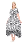 Melsay Butik Siyah Beyaz Kilim Desen Asimetrik Kısa Kollu Elbise - 3
