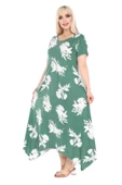Melsay Butik Yeşil Beyaz Yaprak Desen Asimetrik Kısa Kollu Elbise thumbnail 2
