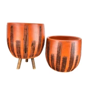 Bitki Tasarımı Dik Çizgi Desenli Toprak Saksı Saksılık Salon Çiçeklik İkili Set Ayaksız - 3 Ayaklı- 19 CM thumbnail 3