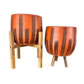 Bitki Tasarımı Dik Çizgi Desenli Toprak Saksı Saksılık Salon Çiçeklik İkili Set 3 Ayaklı- 4 Ayaklı- 19 CM - 1