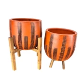Bitki Tasarımı Dik Çizgi Desenli Toprak Saksı Saksılık Salon Çiçeklik İkili Set 3 Ayaklı- 4 Ayaklı- 19 CM - 3