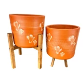 Bitki Tasarımı Kaktüs Desenli Toprak Saksı Saksılık Salon Çiçeklik İkili Set 3 Ayaklı- 4 Ayaklı- 19 CM - 3
