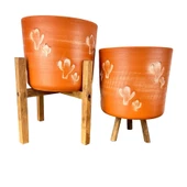 Bitki Tasarımı Kaktüs Desenli Toprak Saksı Saksılık Salon Çiçeklik İkili Set 3 Ayaklı- 4 Ayaklı- 19 CM - 1