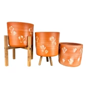 Bitki Tasarımı Kaktüs Desenli Toprak Saksı Saksılık Salon Çiçeklik Üçlü Set - 19 CM - 3