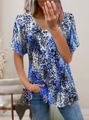 Kadın V Yaka Renkli Leopar Desen Büzgü Detay Süprem Bluz - 1
