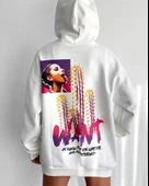 Baskılı Üç İplik Kapüşonlu Oversize Sweatshirt - Beyaz - 1