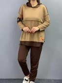 Kadın Kahve Kapşonlu Etek Ucu Detay Arma Ters Dikiş Gorunumlu Ikili Takım thumbnail 8