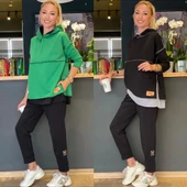 Kadın Yeşil Kapşonlu Etek Ucu Detay Arma Ters Dikiş Gorunumlu Ikili Takım thumbnail 4