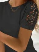 Kadın Kısa Kollu Bisiklet Yaka Kolları çiçekli Güpür Detay Viskon Bluz - 2