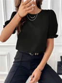 Kadın Kısa Kollu Bisiklet Yaka Kolları Gipeli Ithal Krep Bluz - 1