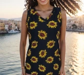 Kadın V Yaka Kolsuz Ayçiçeği Desen Krep Bluz - 10