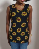 Kadın V Yaka Kolsuz Ayçiçeği Desen Krep Bluz - 7