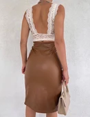 Kadın Büzgü Detay Içi şardonlu Bacak Dekolteli Deri Etek - 2